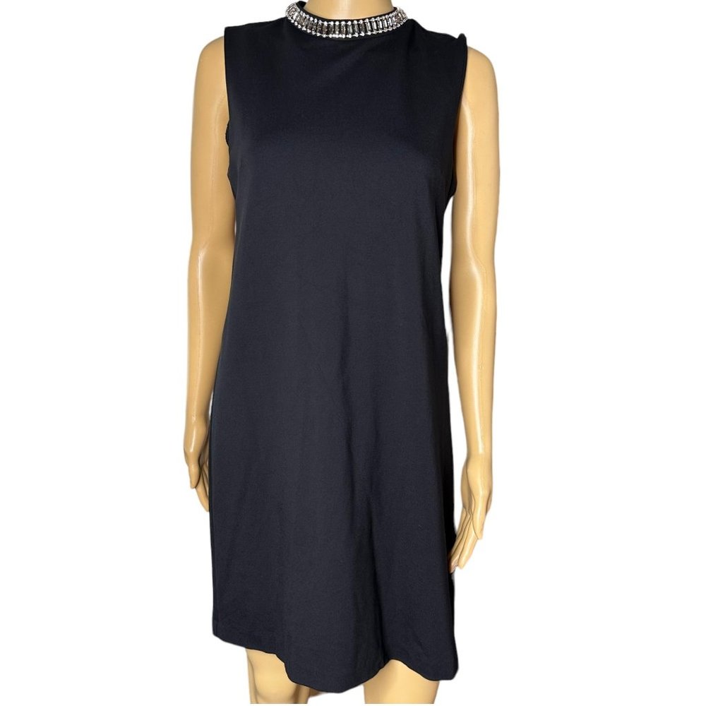 Adrienne Vittadini Shift Dress Size 4 Black Rhinestone Neck knee Length Sleevele